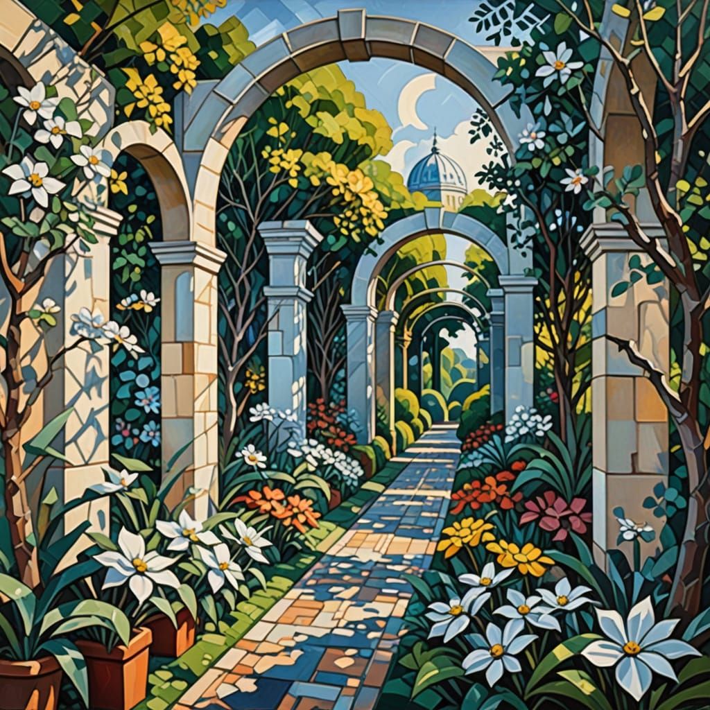Cubist Garden Path with Silver Flowers in Neo-Cubism Style