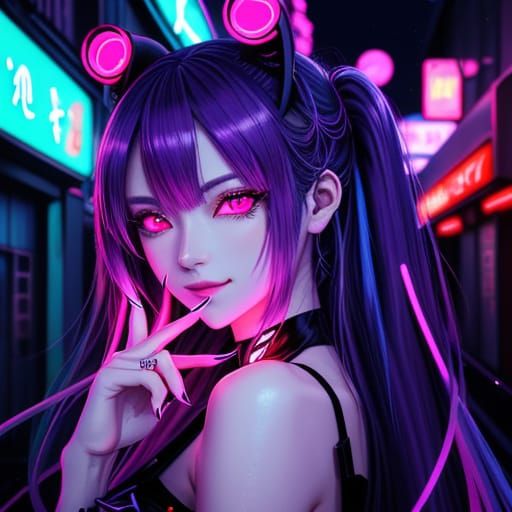Anime Girl With Long Nails in Neon Alley