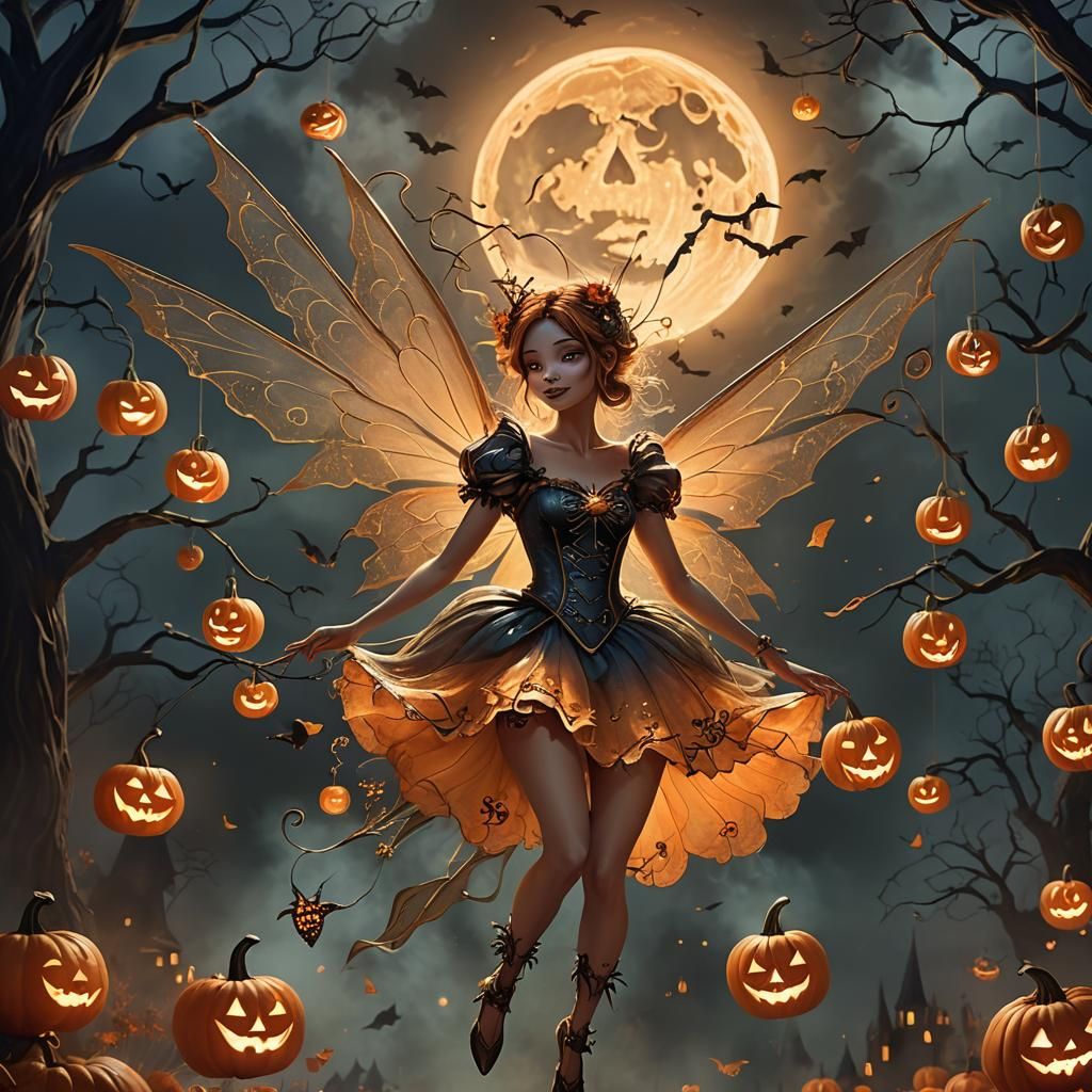 Halloween Fairy Above Jack-O'-Lantern on Mystical Night