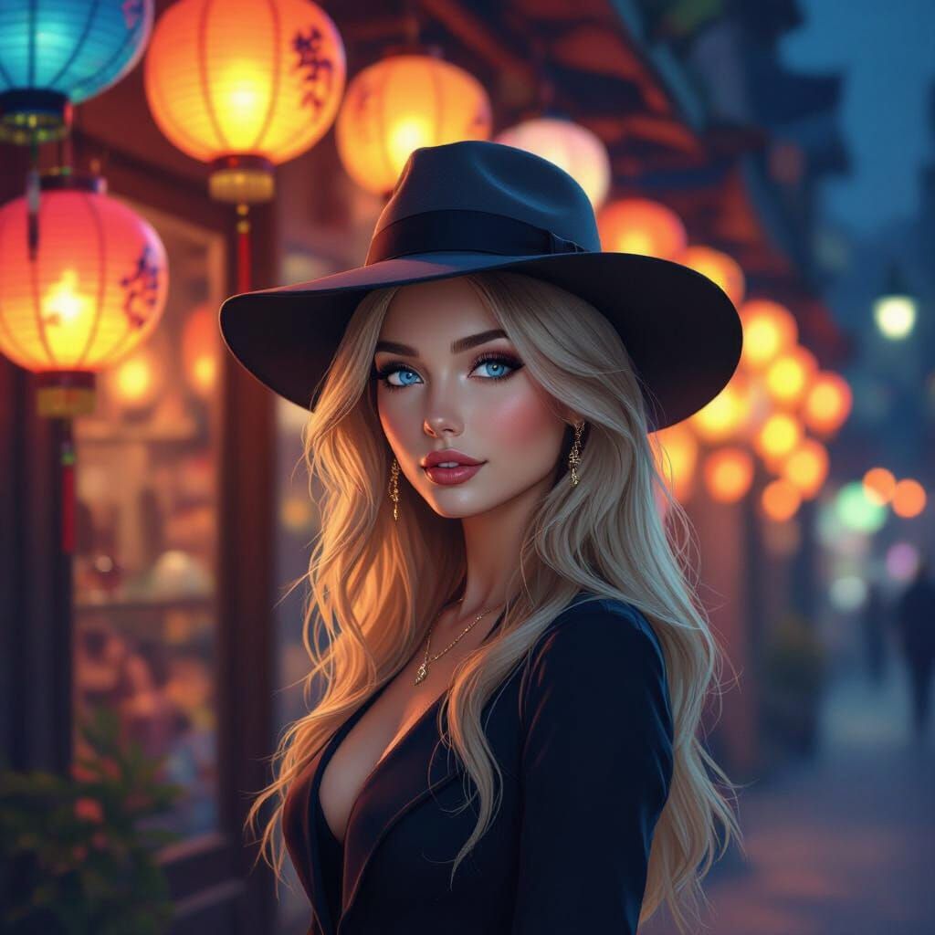 Woman with Blonde Hair and Hat in Lantern Lit Night