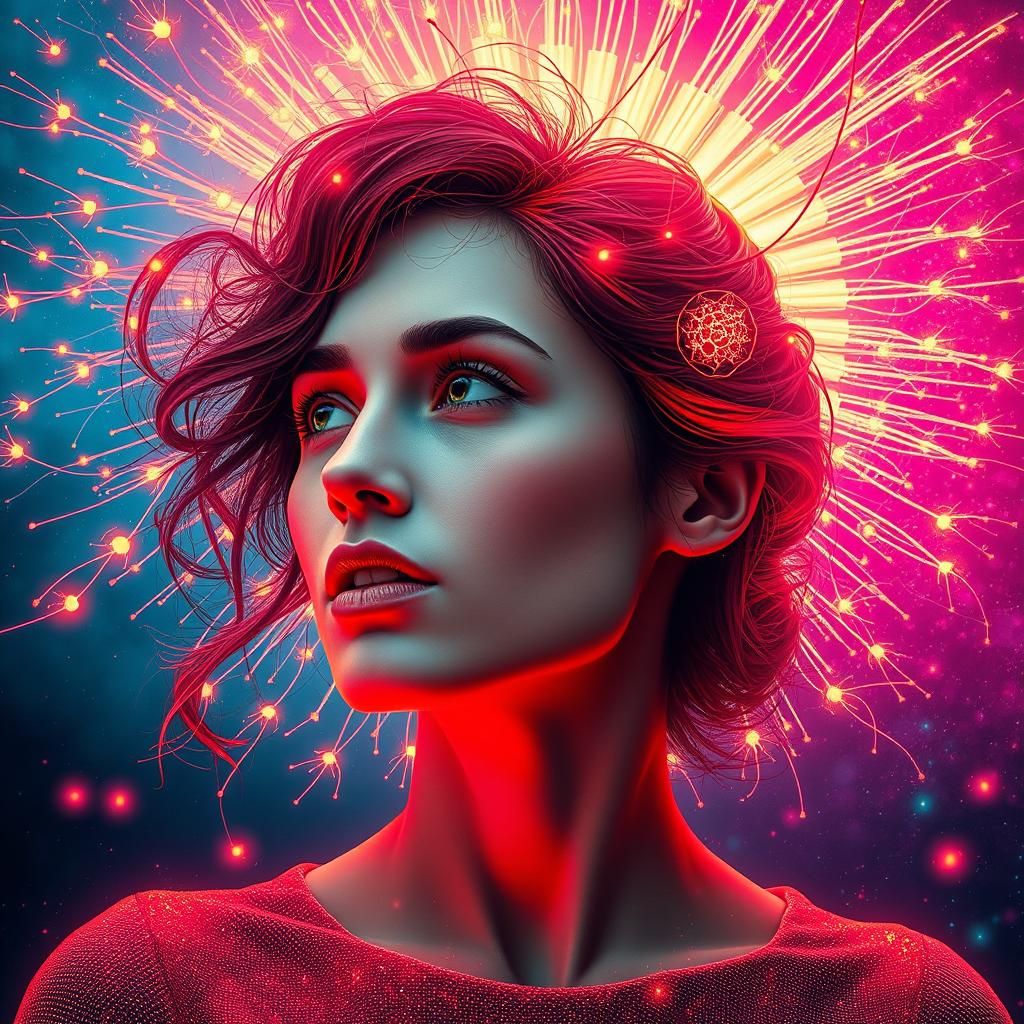 Woman Surrounded by Glowing Neurons and Creativity