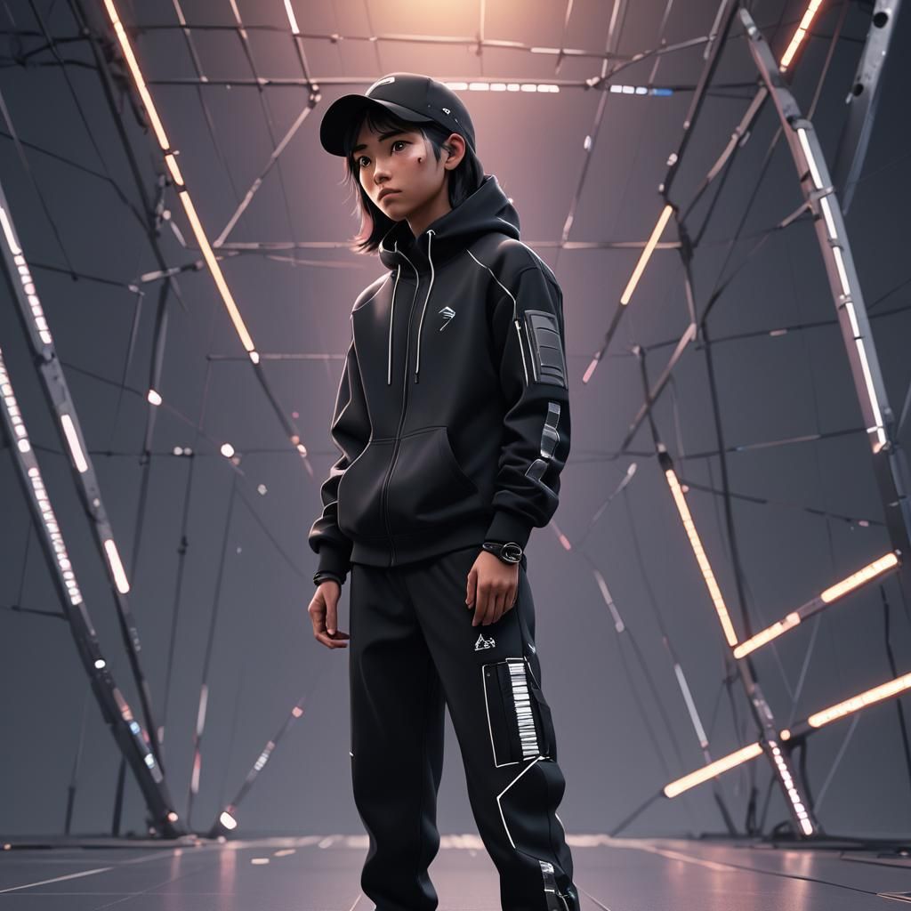 Pixar-Style Figure in Tracksuit with Neon Background