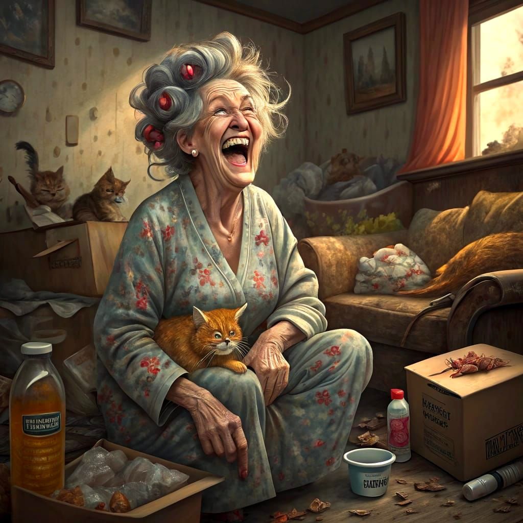 Mischievous Granny Surrounded by Feline Friends in Chaotic T...