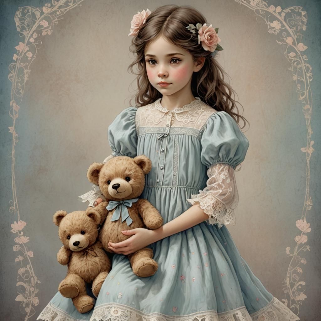 Little Girl with Teddy Bear in Tim Burton Style