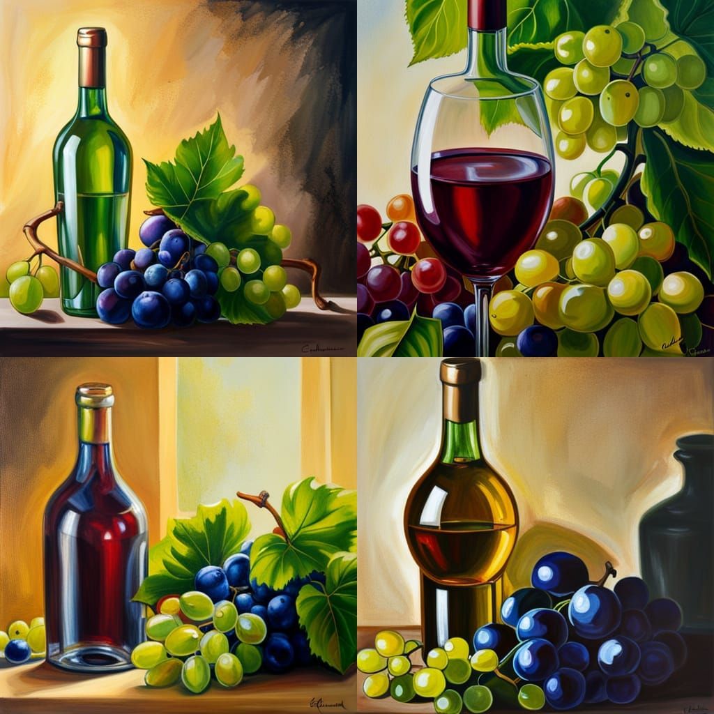 Hyperrealistic Still Life Painting of Wine and Grapes