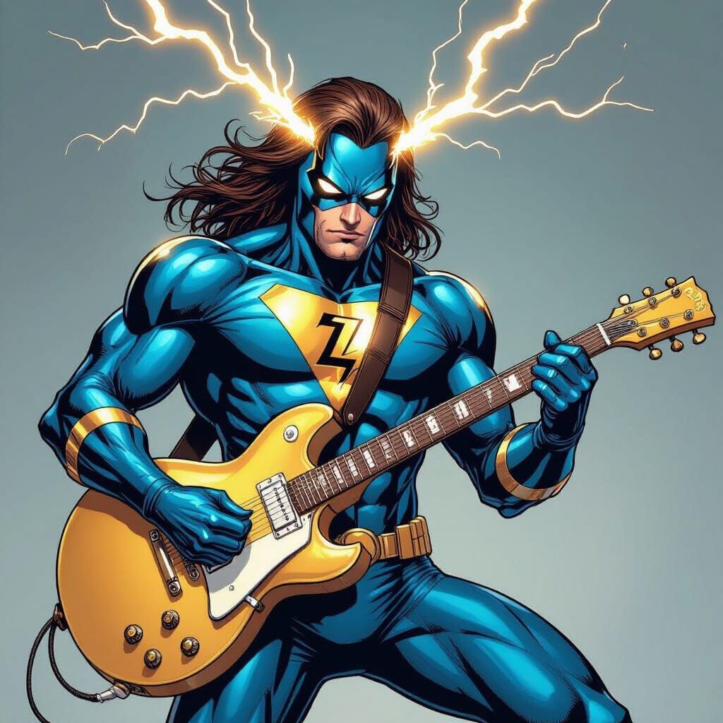 Metallic Blue Superhero Shreds with Lightning Guitar