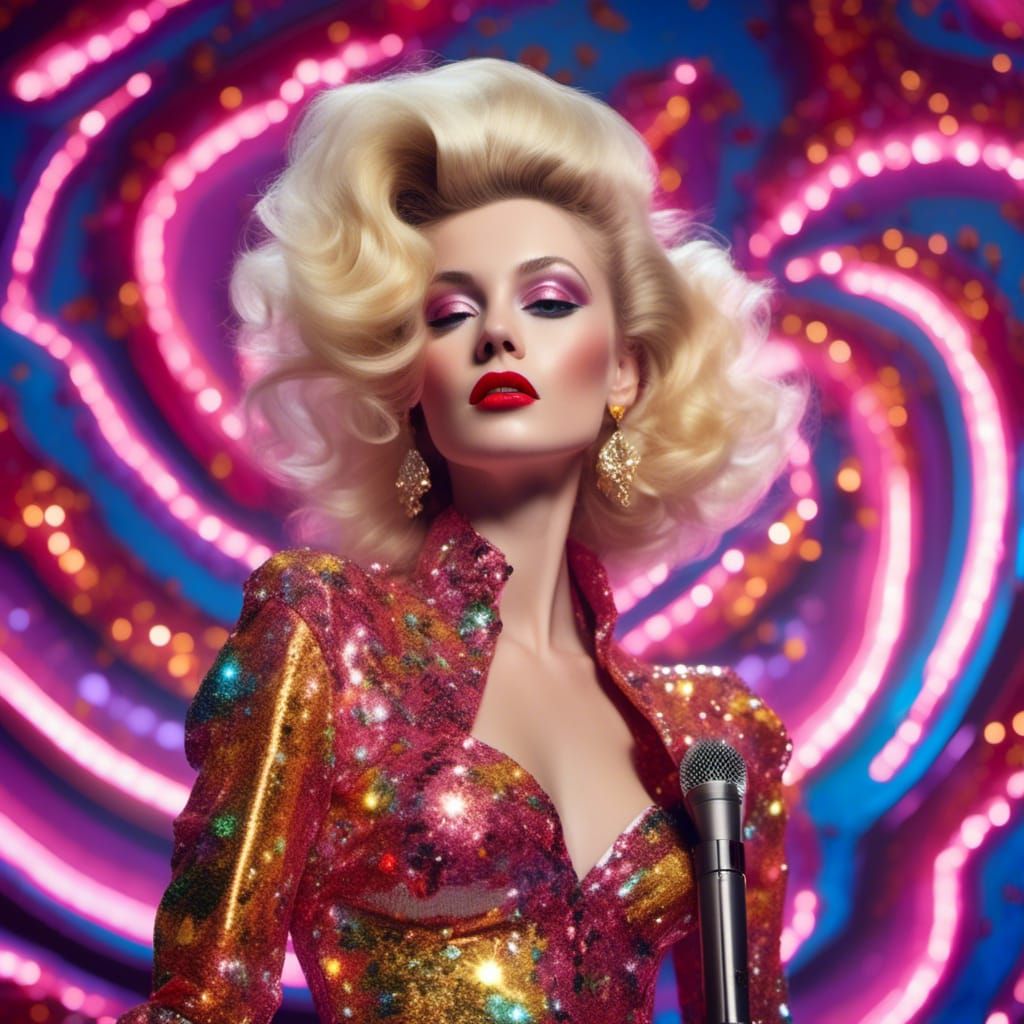 Female Elvis Impersonator on Stage in Pop Art Style