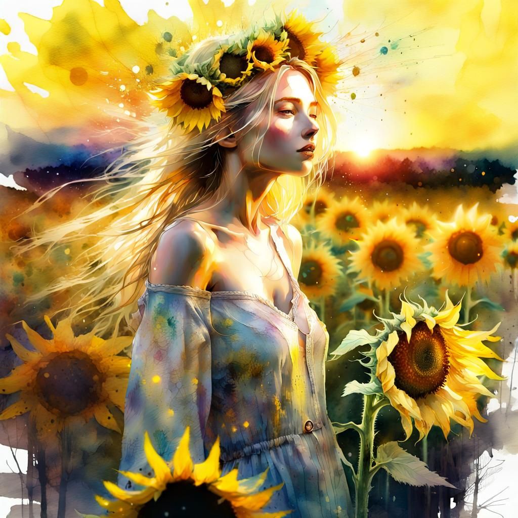 Woman in Sunflower Field: Digital Watercolor Art