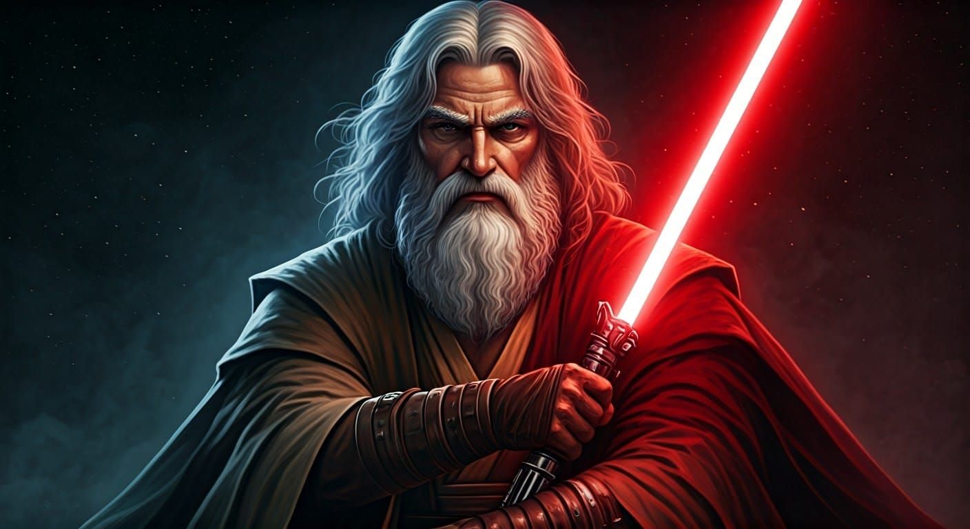 Star Wars Inspired Zeus as Epic Jedi Knight Holding Red Ligh...