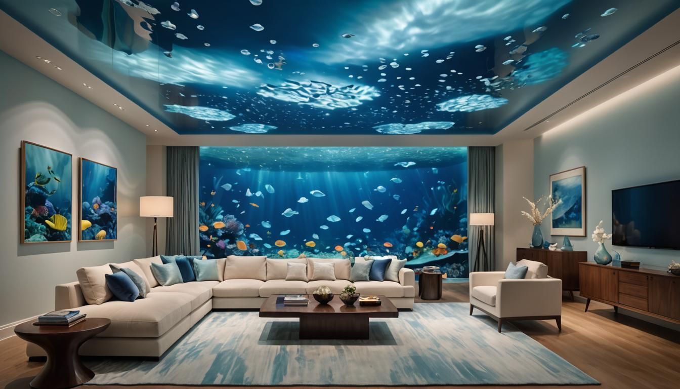 Underwater Dream Living Room with Soft Blue Lighting