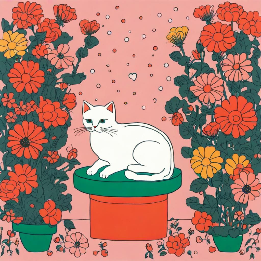 Cute Cat Surrounded by Flowers in Postmodern Style