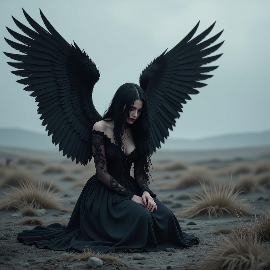Gothic Woman with Broken Wings in Desolate Landscape