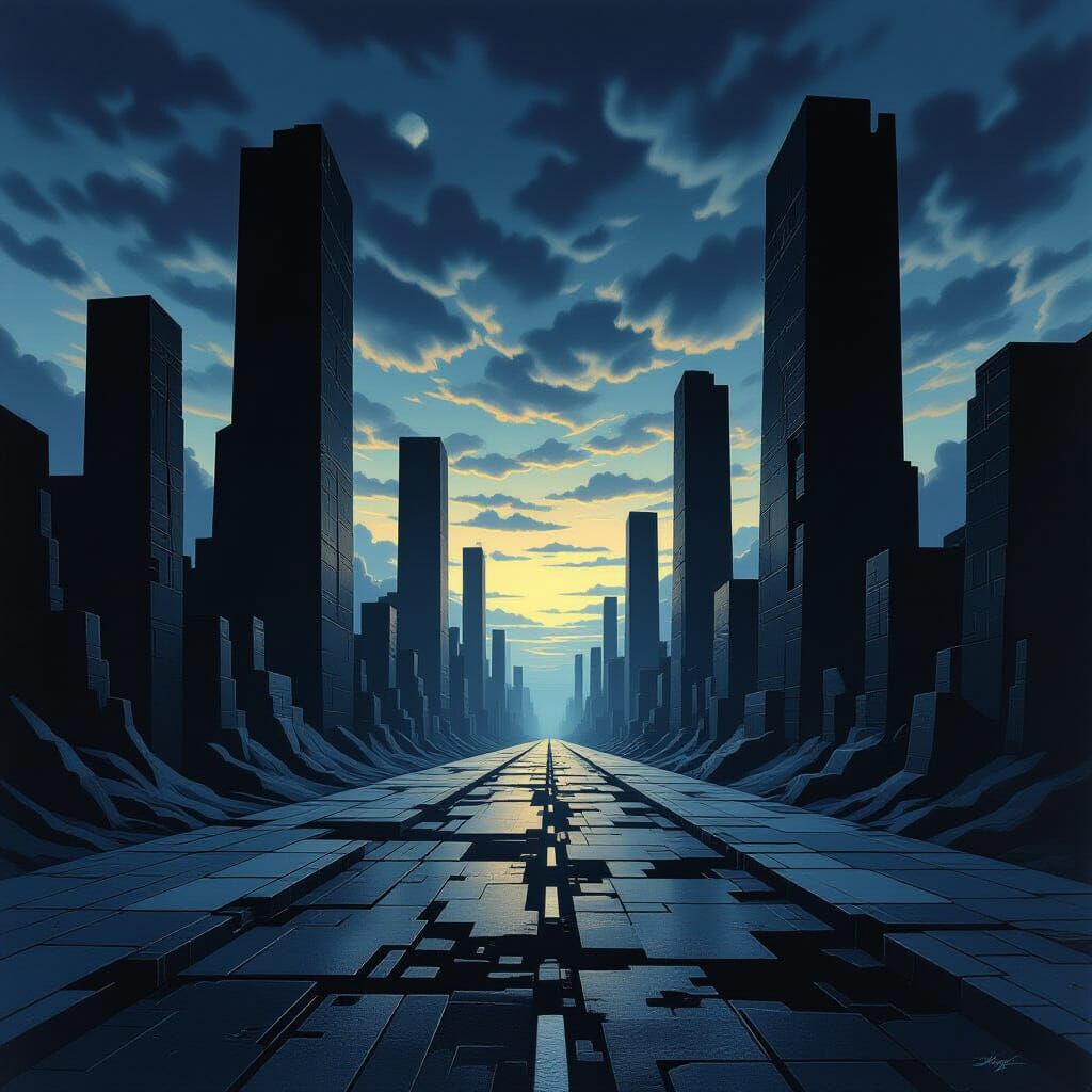 Desolate Cityscape in Op Art Style