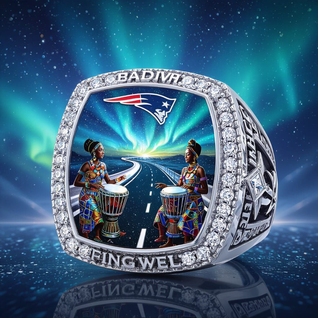Ultra-Detailed Patriots Super Bowl Ring with Cosmic Scene