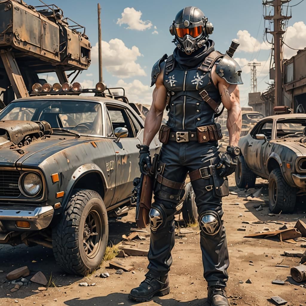 Post-Apocalyptic Road Warrior Leaning on Muscle Car in Anime...
