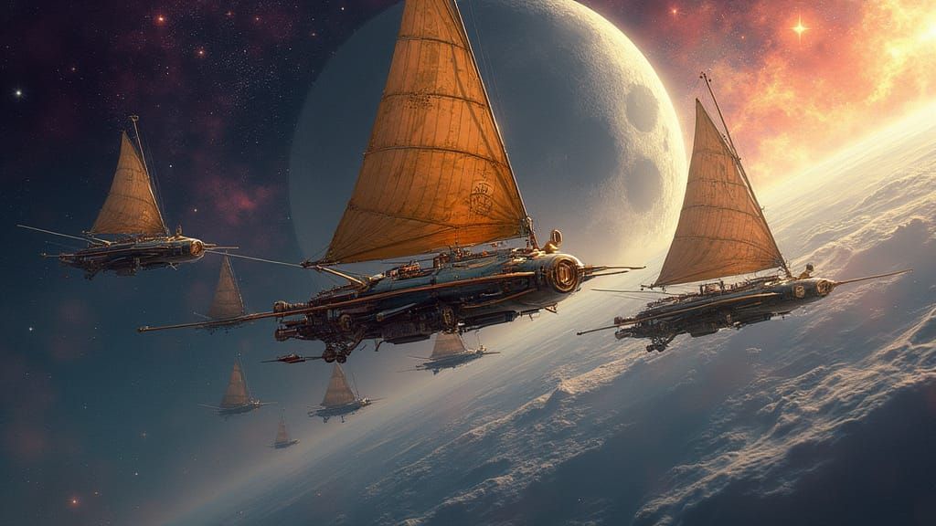 Majestic Steampunk Spaceships Sail Through Cosmic Starfield