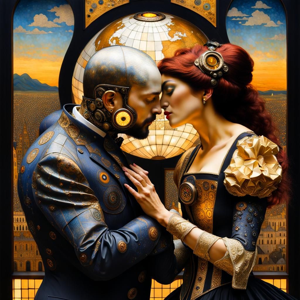 Steampunk Surrealist Klimt Kiss in a Globe
