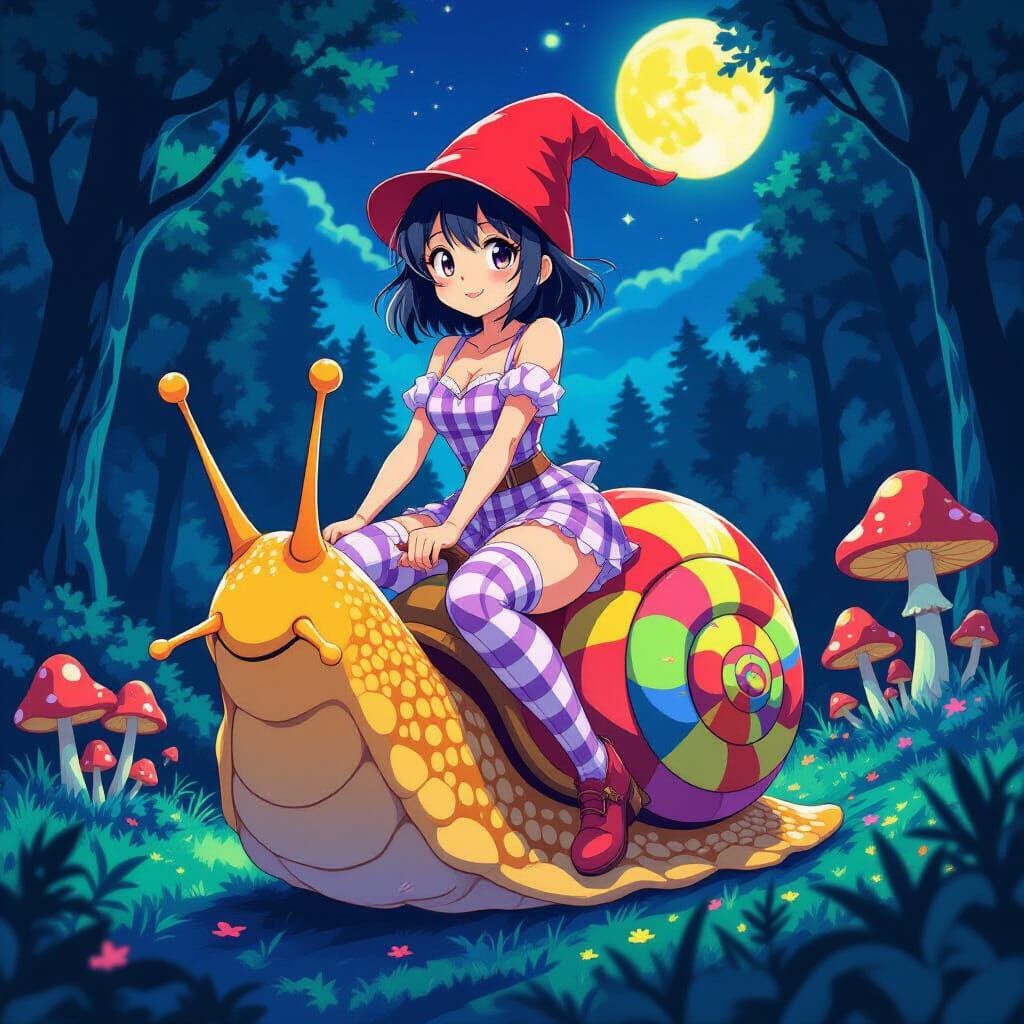 Anime Woman Rides Snail in Acidic Night Forest