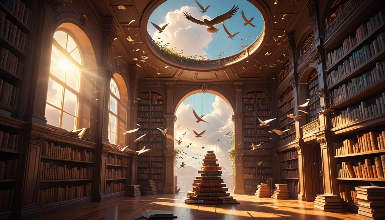 Whimsical Floating Library in Ethereal Sky