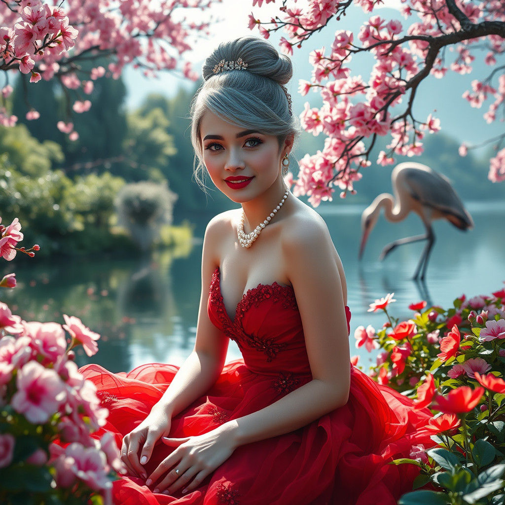 Woman in Red Gown in Ethereal Garden Portrait