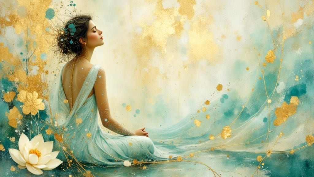 Meditative Woman with Lotus Blossoms in Pastel Shades