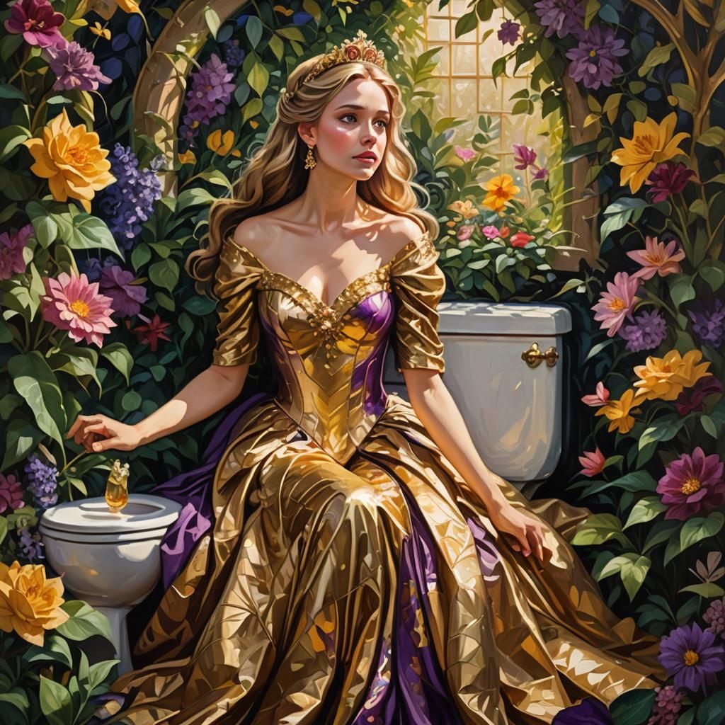 Princess on Toilet in Lush Garden: Oil Painting