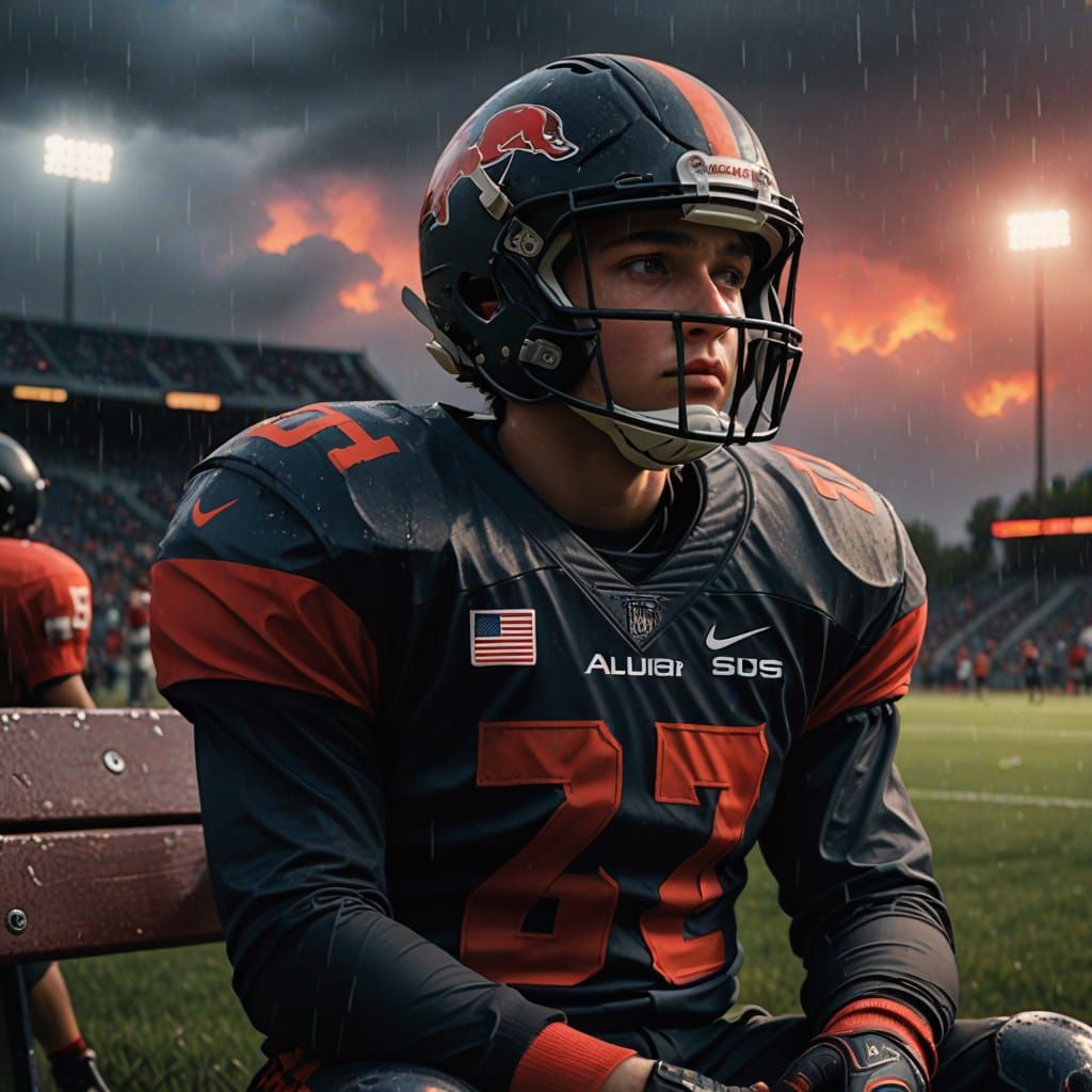 Sad Football Player Kid on Bench Under Rainy Sky