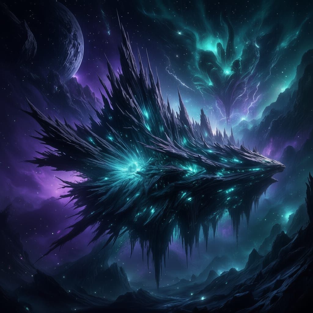 Ancient Alien Spaceship in Bioluminescent Nebula