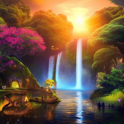 Hyperrealistic Cityscape with Waterfall Garden at Sunset