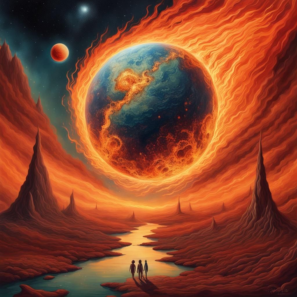 Surreal Cosmic Illustration of a Planet Ablaze