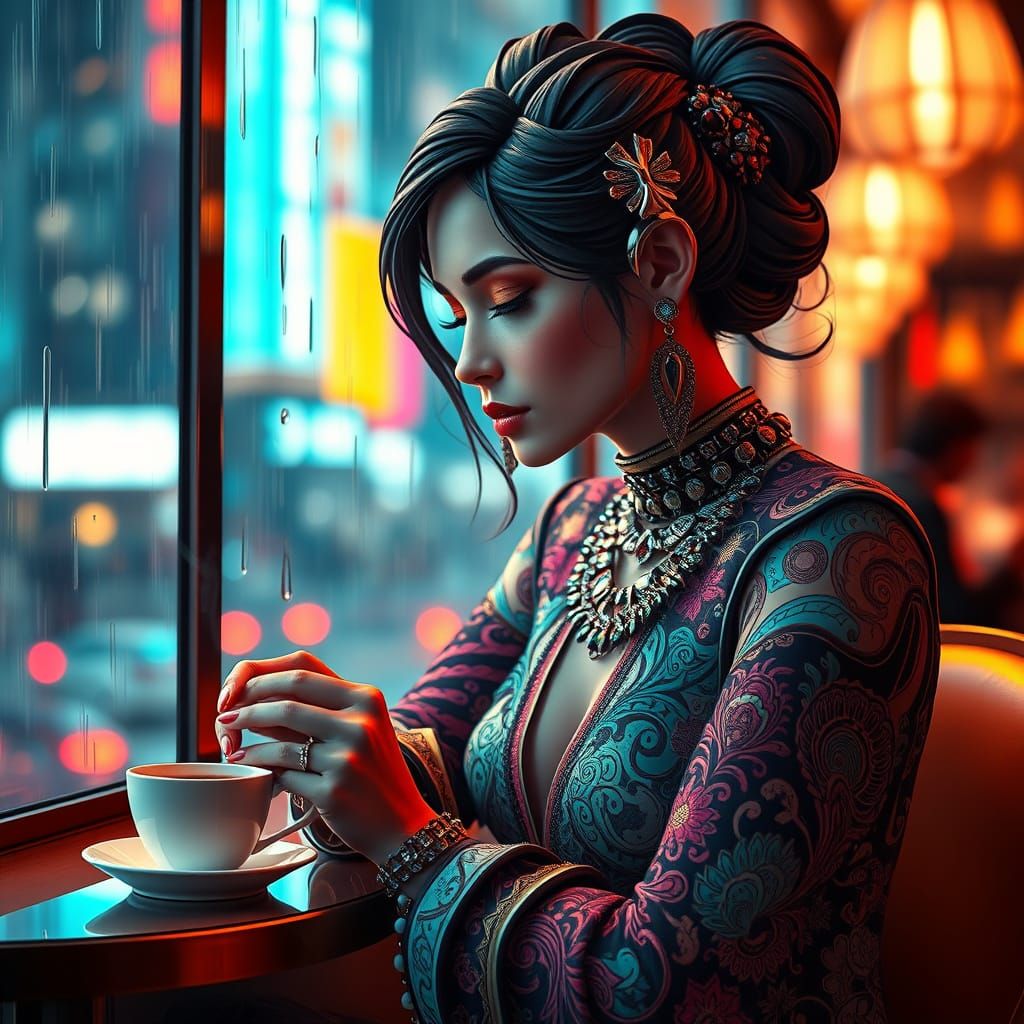 Woman in Neon Cafe: A Hyperrealistic Digital Portrait