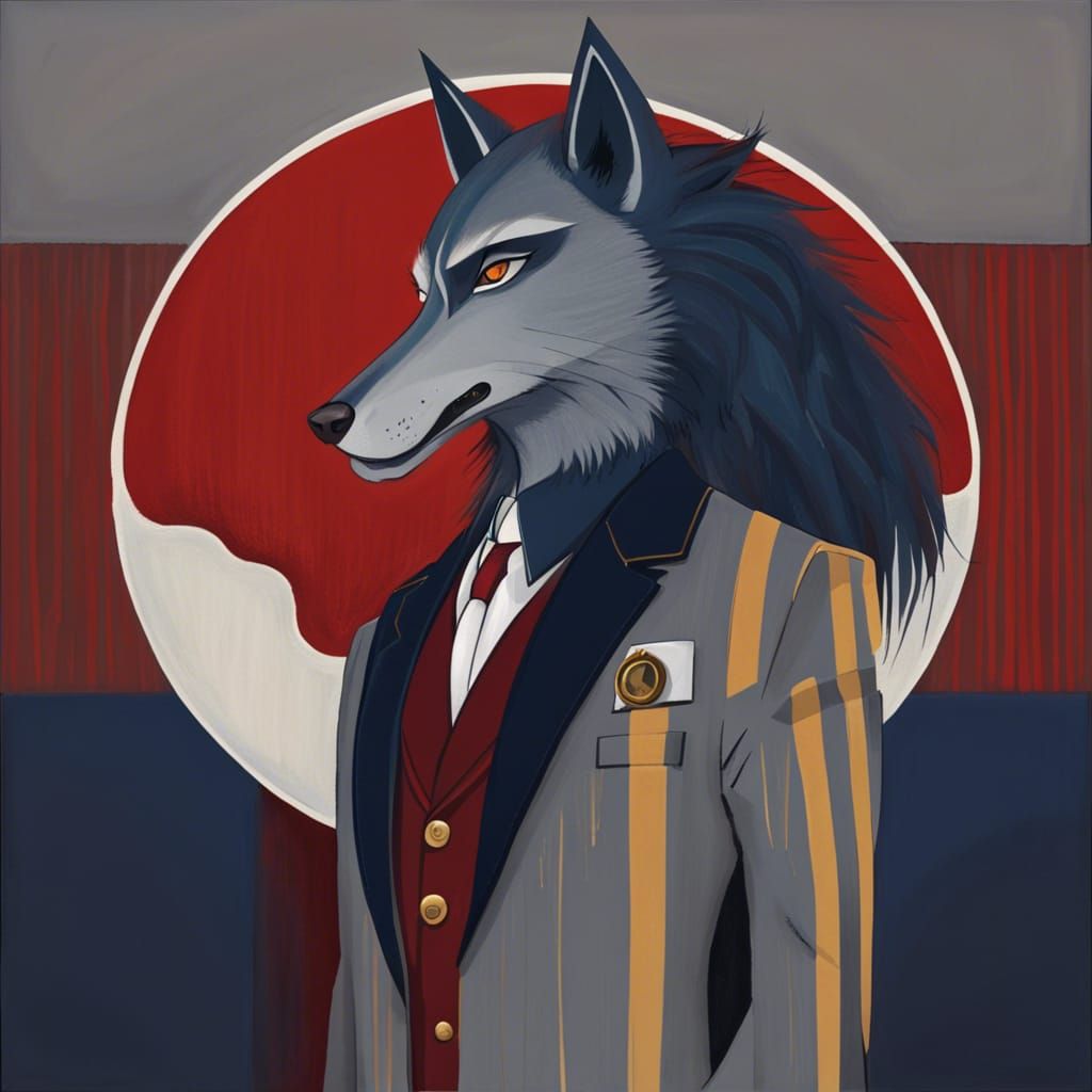 Anime Wolf Man in Navy Suit Under Moon
