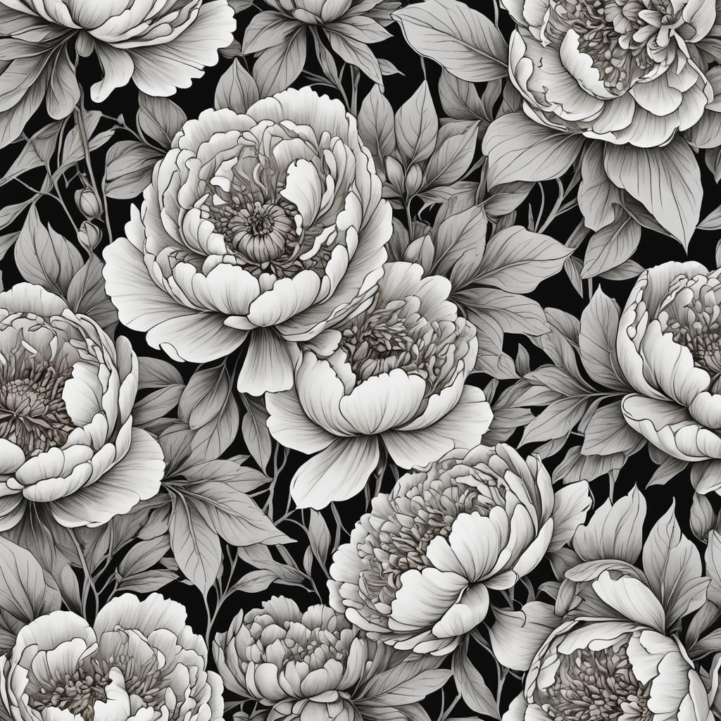 Detailed Line Art Peonies in Coloring Book Style