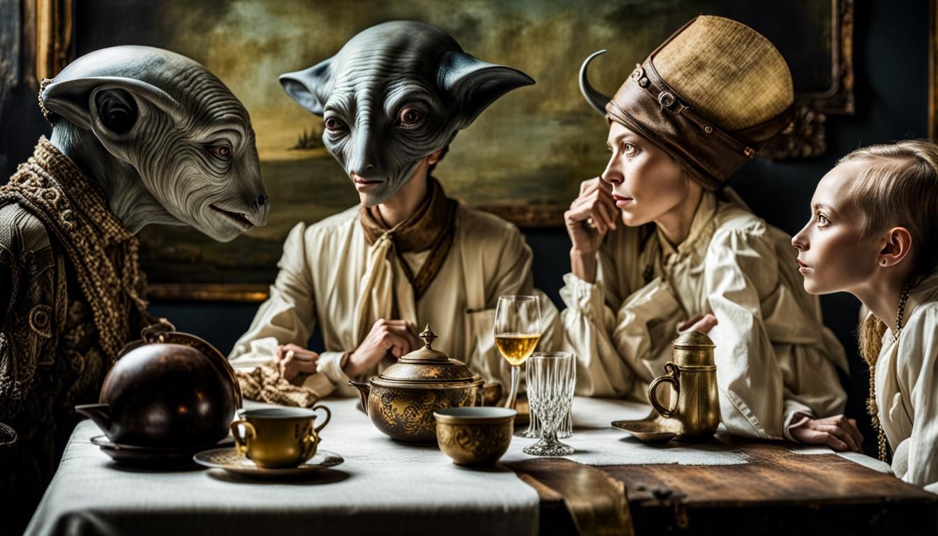 Exotic Alien Celebration in Surreal Restaurant Setting