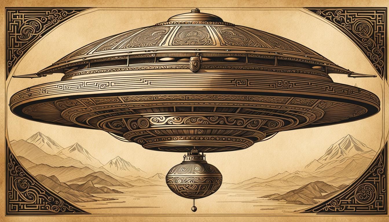 Intricate UFO Line Art in Chinese Steampunk Style