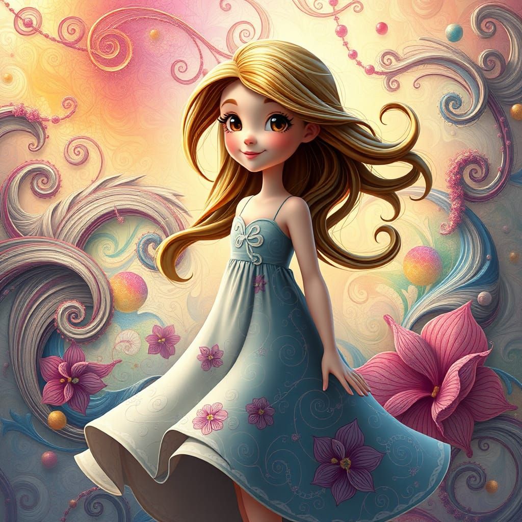 Whimsical Girl in Disney Illustration Style with Fractals