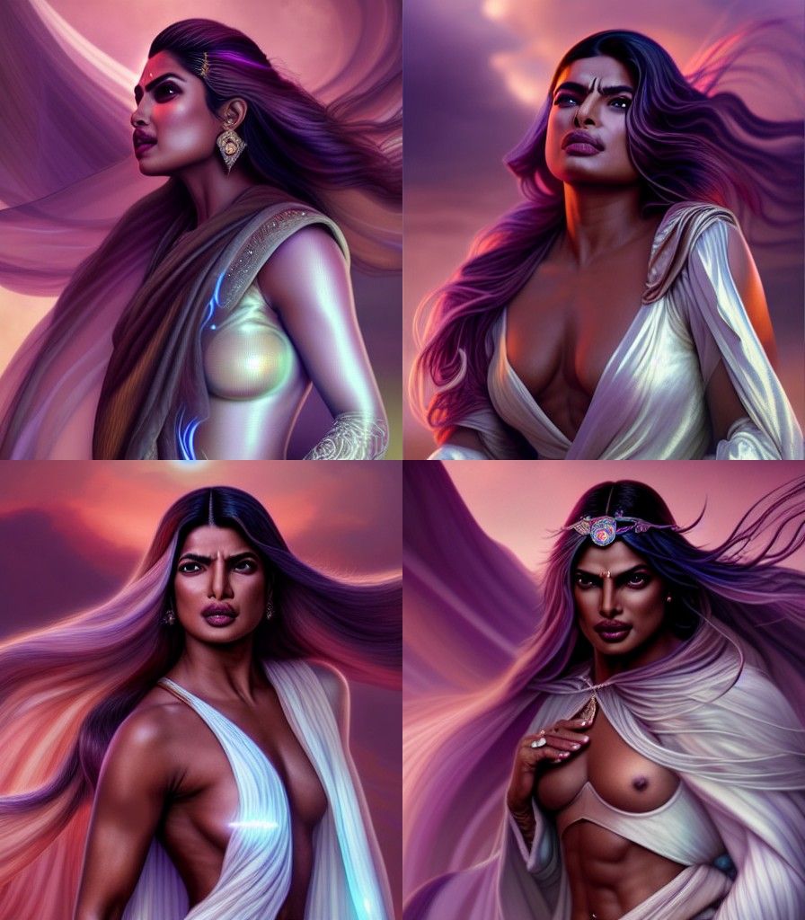 Regal brown skinned Jedi priyanka chopra, windy white iridescent hair, in long elegant twinkling iridescent gauzy swirli...
