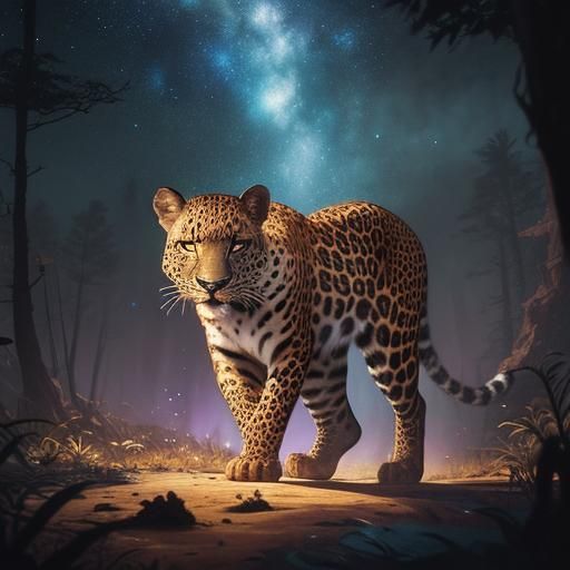 Ethereal Leopard in Starry Forest, Fantasy Concept Art