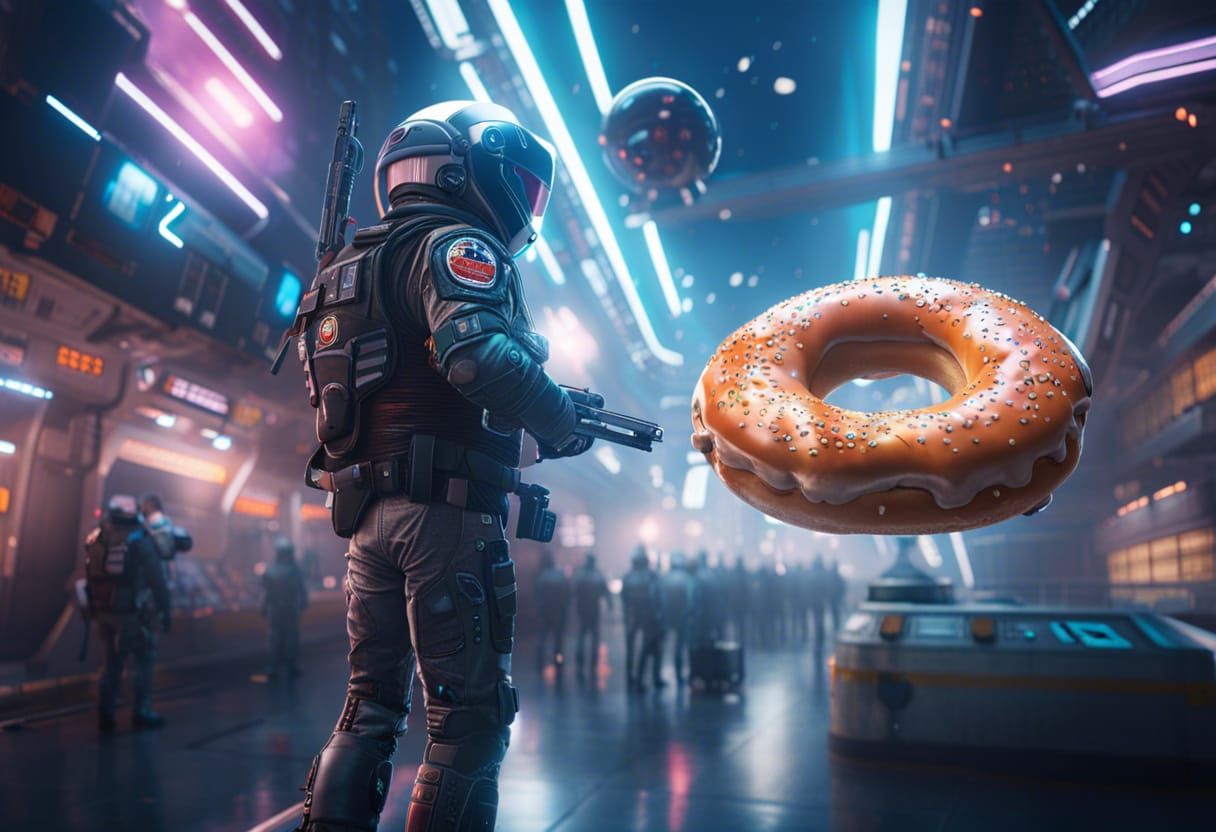 Cyberpunk Space Cop with Donut, Hyperdetailed 8K Portrait