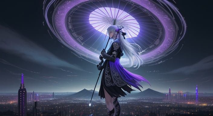 Manga-Inspired Girl in Silver Dress Holds Umbrella, Amidst N...