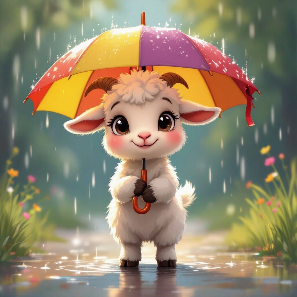 Cute Fluffy Goat with Umbrella in the Rain