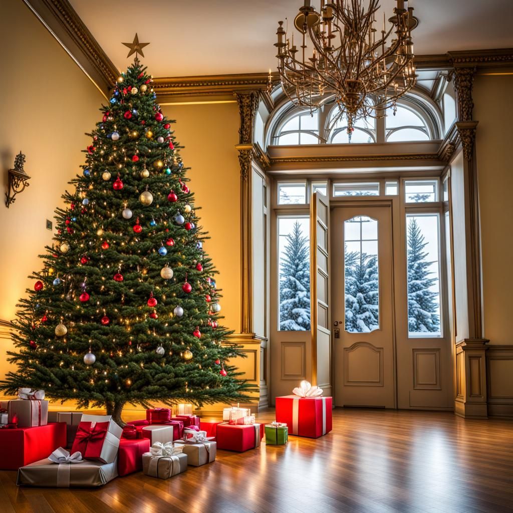 Christmas Tree with Presents in a Mansion