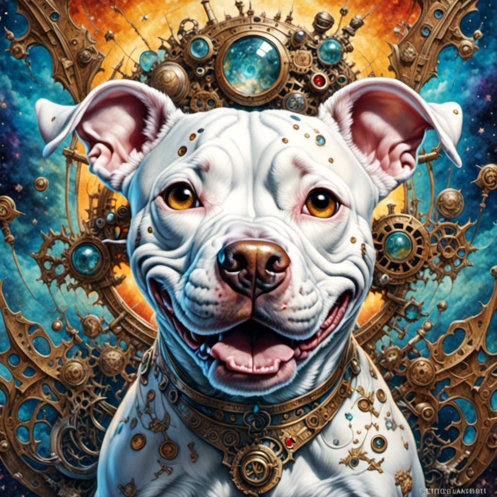 Steampunk Pitbull with Sugar Skulls in Galaxy Street