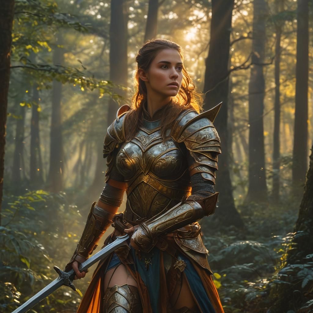 Warrior Woman in Mystical Forest: Fantasy Art