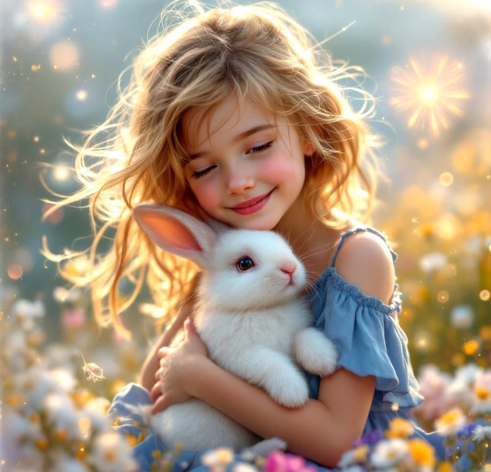 Ethereal Girl and Bunny in Whimsical Watercolour