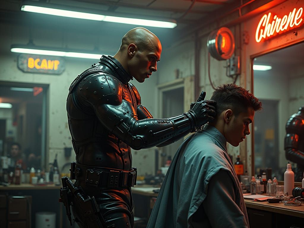 Cyborg Barber Shop in Biomechanical Cyberpunk Style