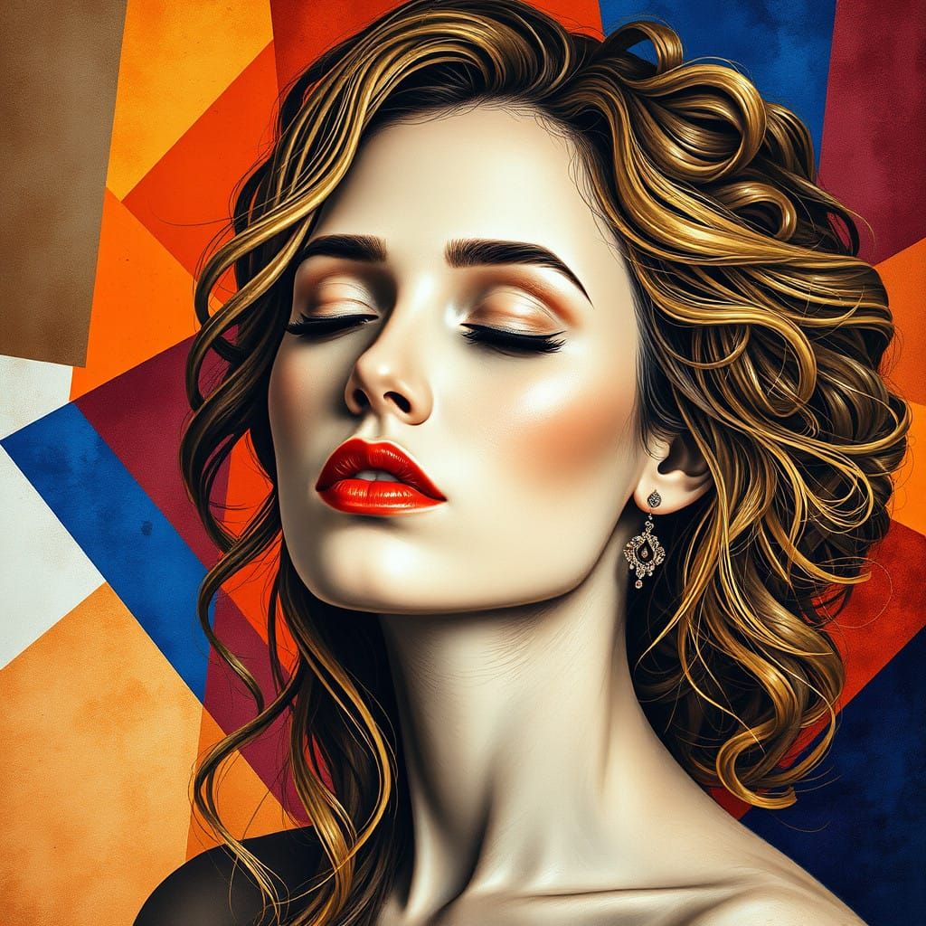 Serene Graphite Portrait in Vibrant Geometric Cubist Style