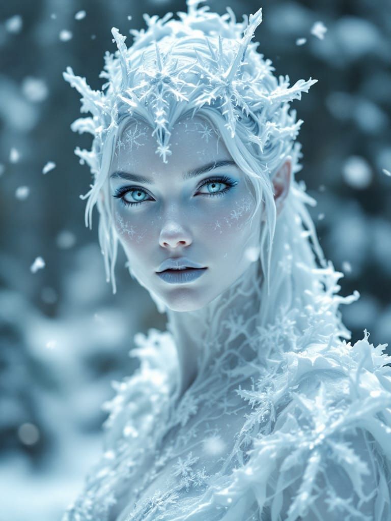 Ethereal Snow Queen Sculpture in Wintry Landscape