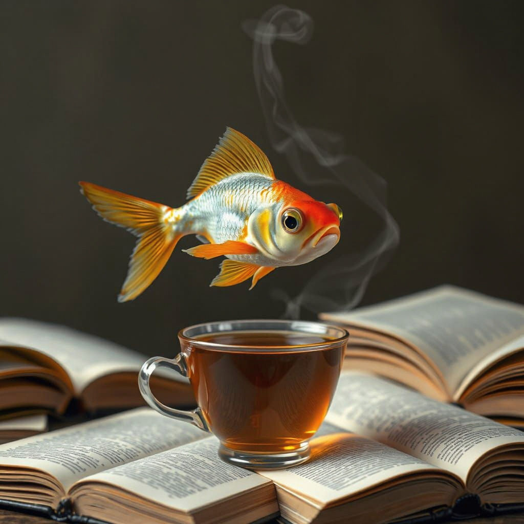 Goldfish Levitating Over Tea Cup in Photorealistic Style
