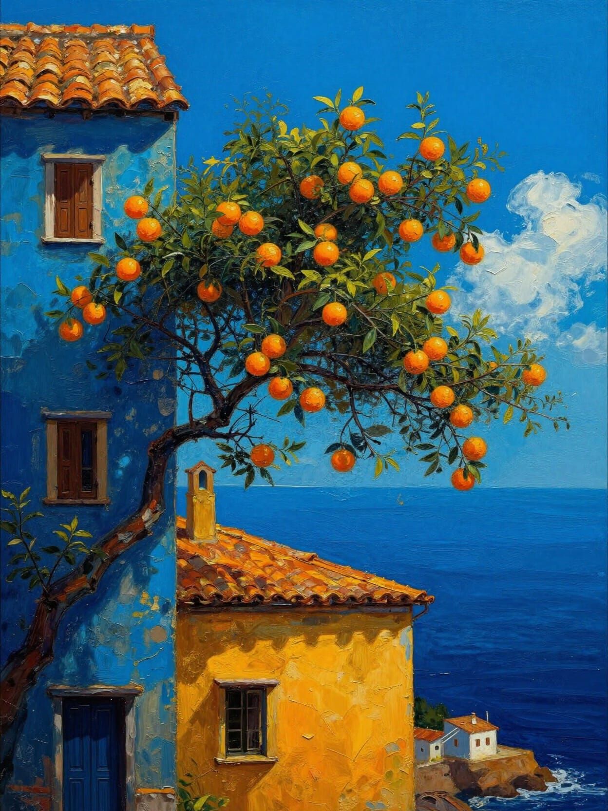 Mediterranean Village Scene with Orange Tree Painting